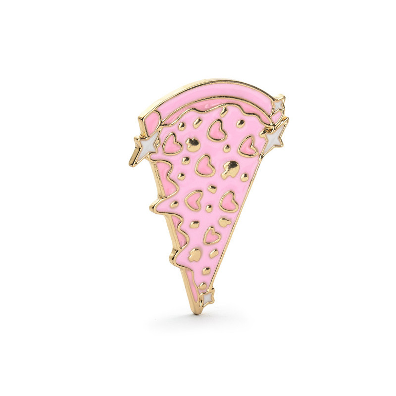 1 st. Guldmetallisk Emalj Pizza Pin, Rosa Tryck, 3.5x3cm