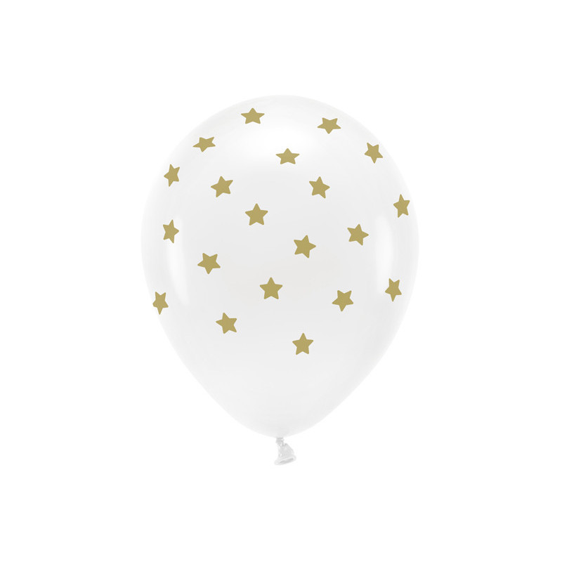 6 st. Ekologiska Pastellvita Ballonger med Guld Stjärnor, 33 cm