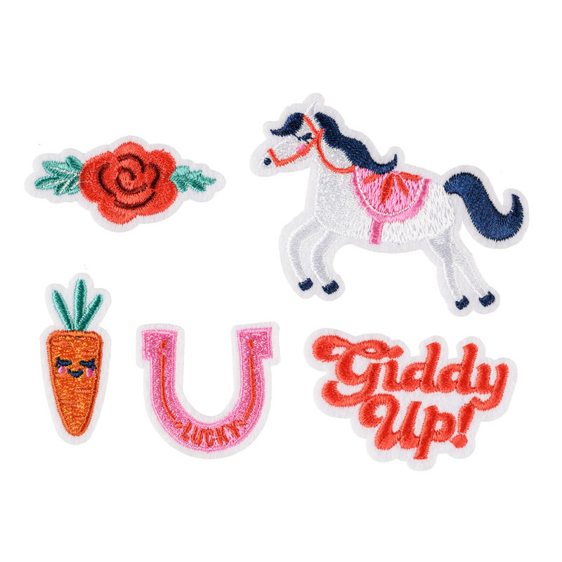 5 st. Färgglada strykmärken i mixat design 'Giddy Up', 2-7x3.5-7 cm