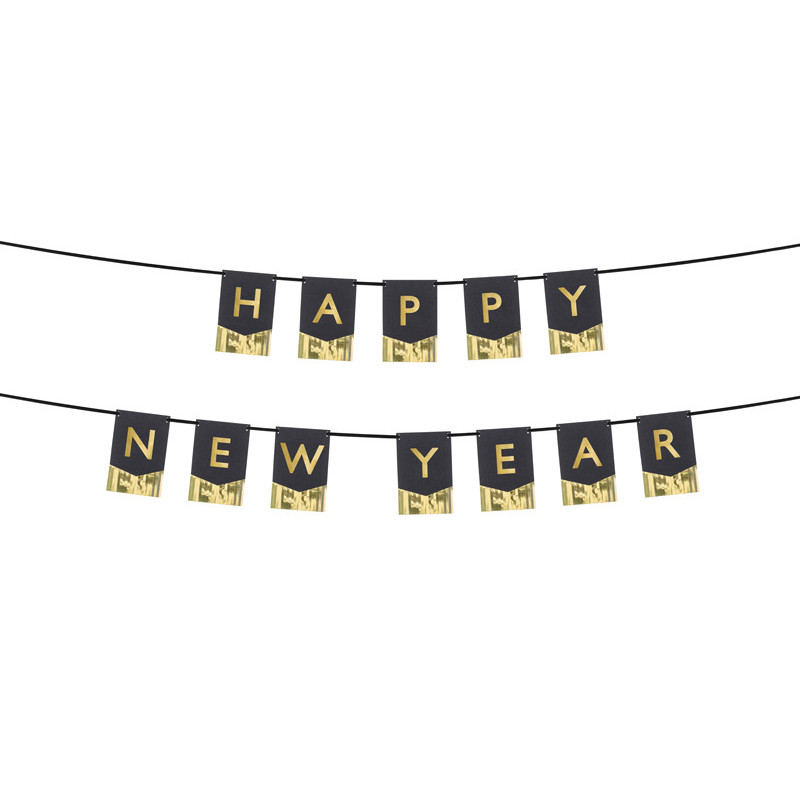 1 st. Banner Happy New Year svart papper med guldfolie och guldbokstäver 135x16,5 cm med 3,5 meter band