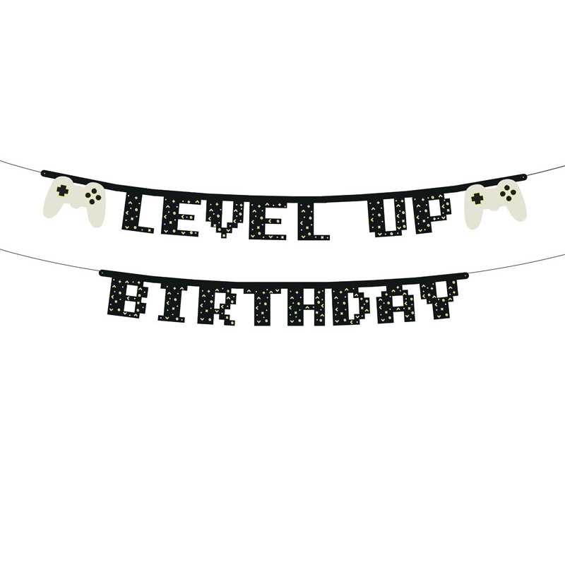 1 st. Level Up Födelsedagsbanner i Svart med Färgglatt Tryck, 2.5 meter