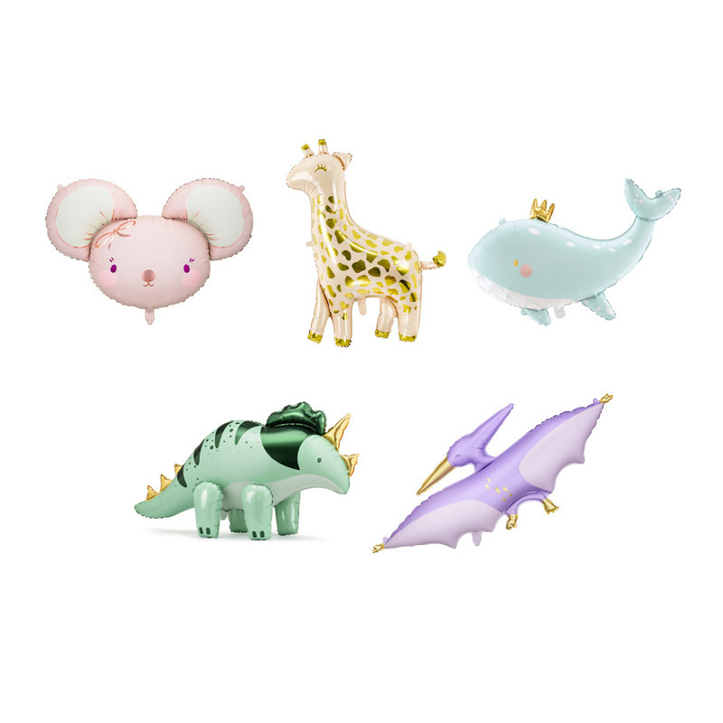 25 st folieballonger med djur: pterodactyl, triceratops, giraff, mus och val