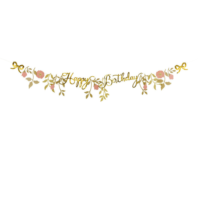 Banner Happy Birthday Flowers, pink-gold, 1.3m